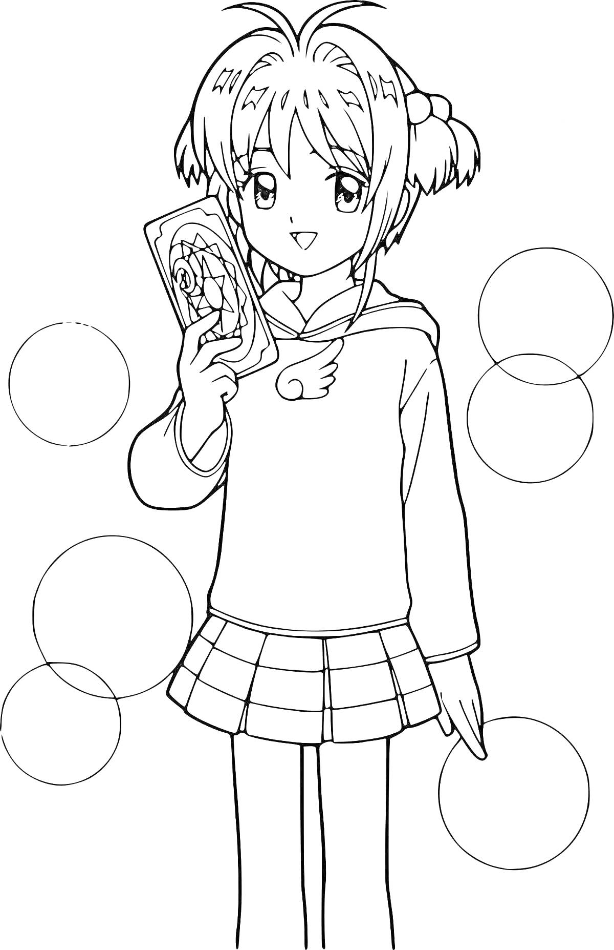 На раскраске изображено: Девочка, Карта, Круги, Школьная форма