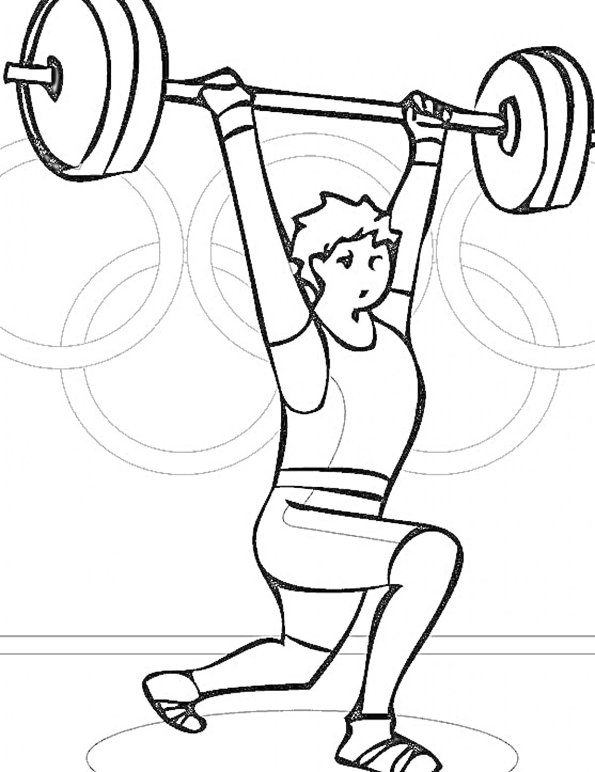 Раскраска Тяжёлая атлетика на Олимпийских играх с изображением спортсмена, поднимающего штангу на фоне олимпийских колец