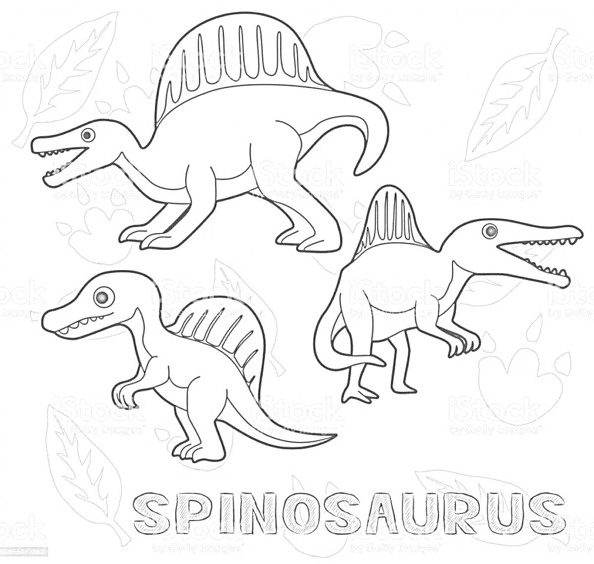 Раскраска Три спинозавра и листья с надписью SPINOSAURUS