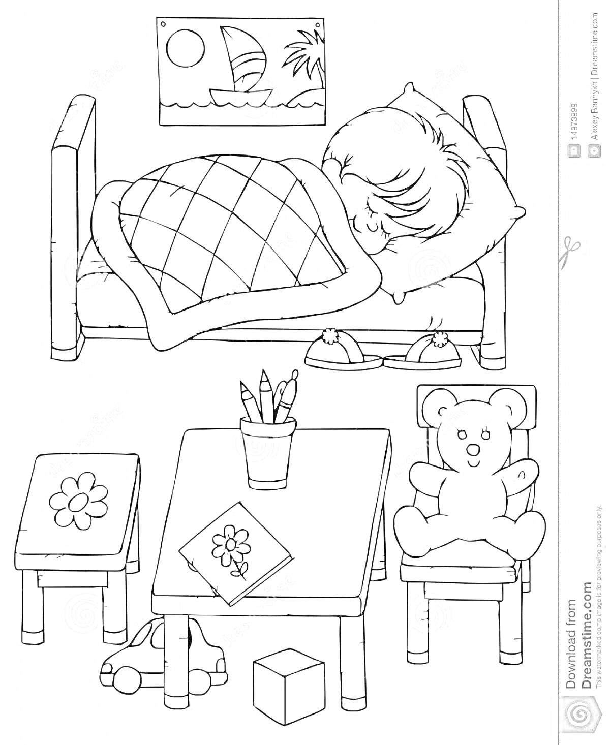 На раскраске изображено: Ребенок, Сон, Одеяло, Игрушки, Стол, Цветы, Карандаши