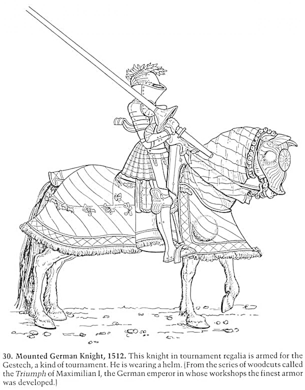 Раскраска Рыцарь верхом на лошади в средневековых доспехах, с копьем и в шлеме