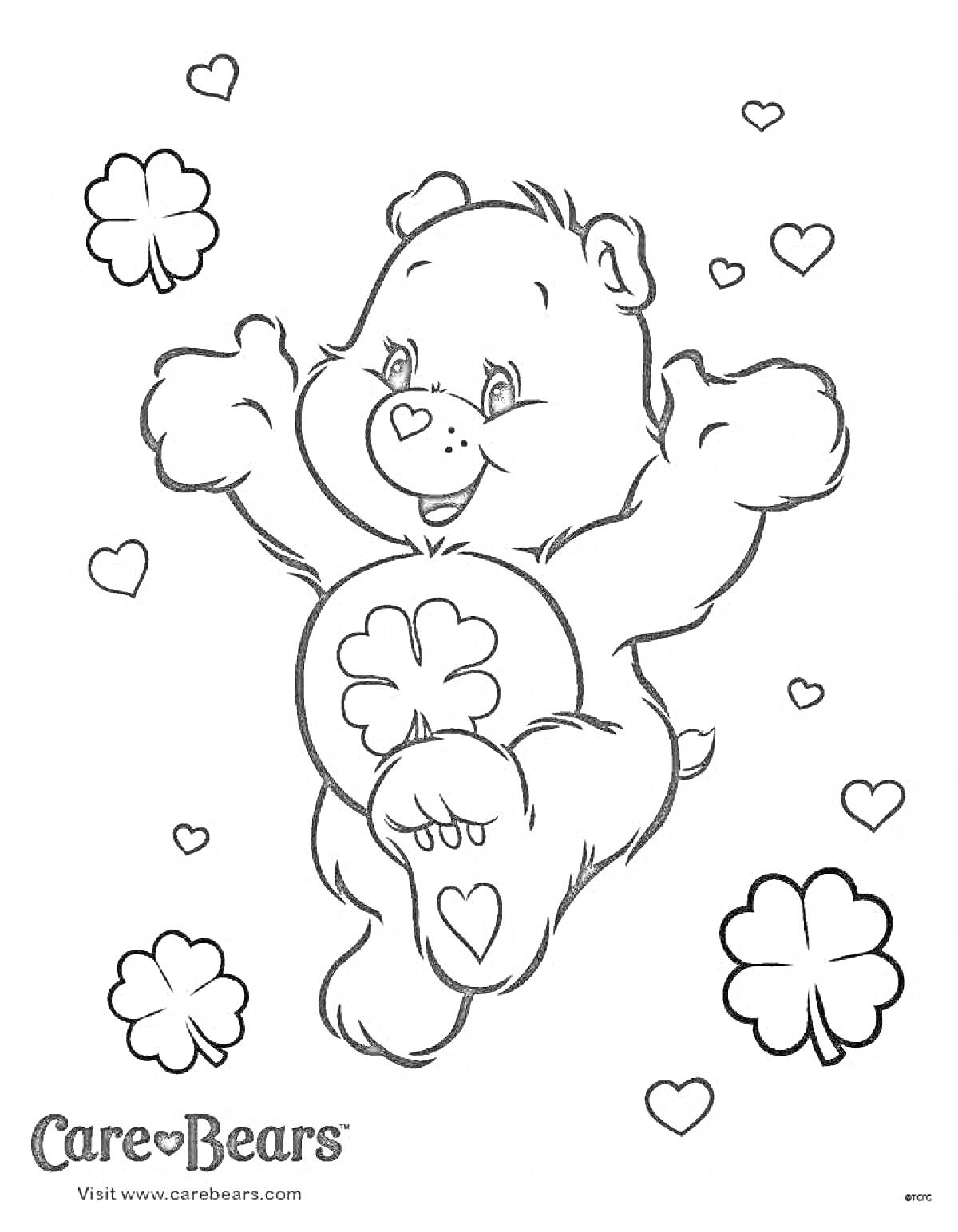 Раскраска Медвежонок с клевером на животе, вокруг сердца и клеверы