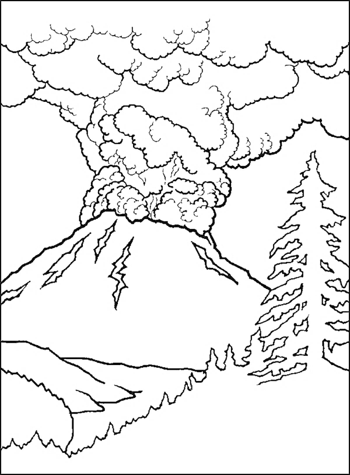 Извержение вулкана среди леса с облаками дыма на небе и елями на переднем плане