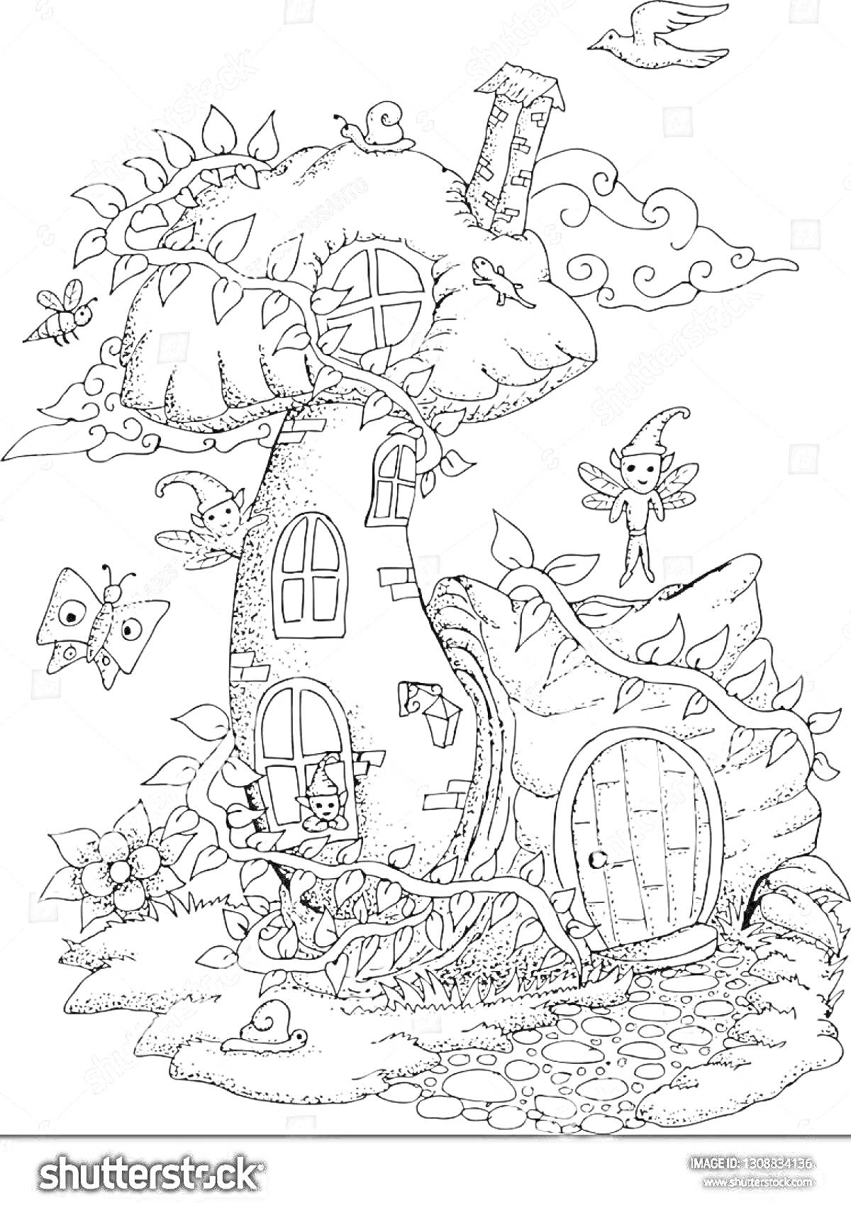 На раскраске изображено: Феи, Сад, Цветы, Окна, Дверь, Лоза, Крыша, Природа