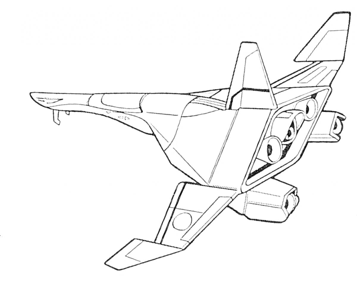 Раскраска Истребитель с тремя двигателями и двумя вертикальными хвостовыми стабилизаторами