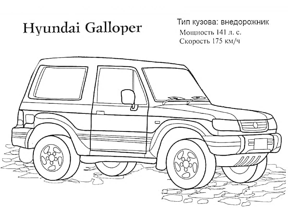 На раскраске изображено: Hyundai, Внедорожник, Камни, Транспорт, 4x4