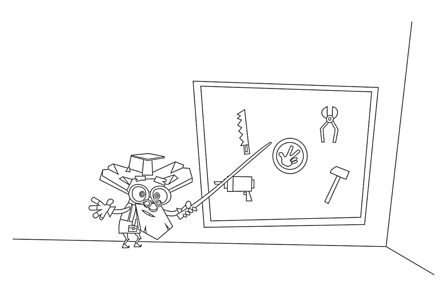 Цветная картинка с изображением персонажа, указывающего на доску с инструментами — пила, плоскогубцы, шуруп, молоток