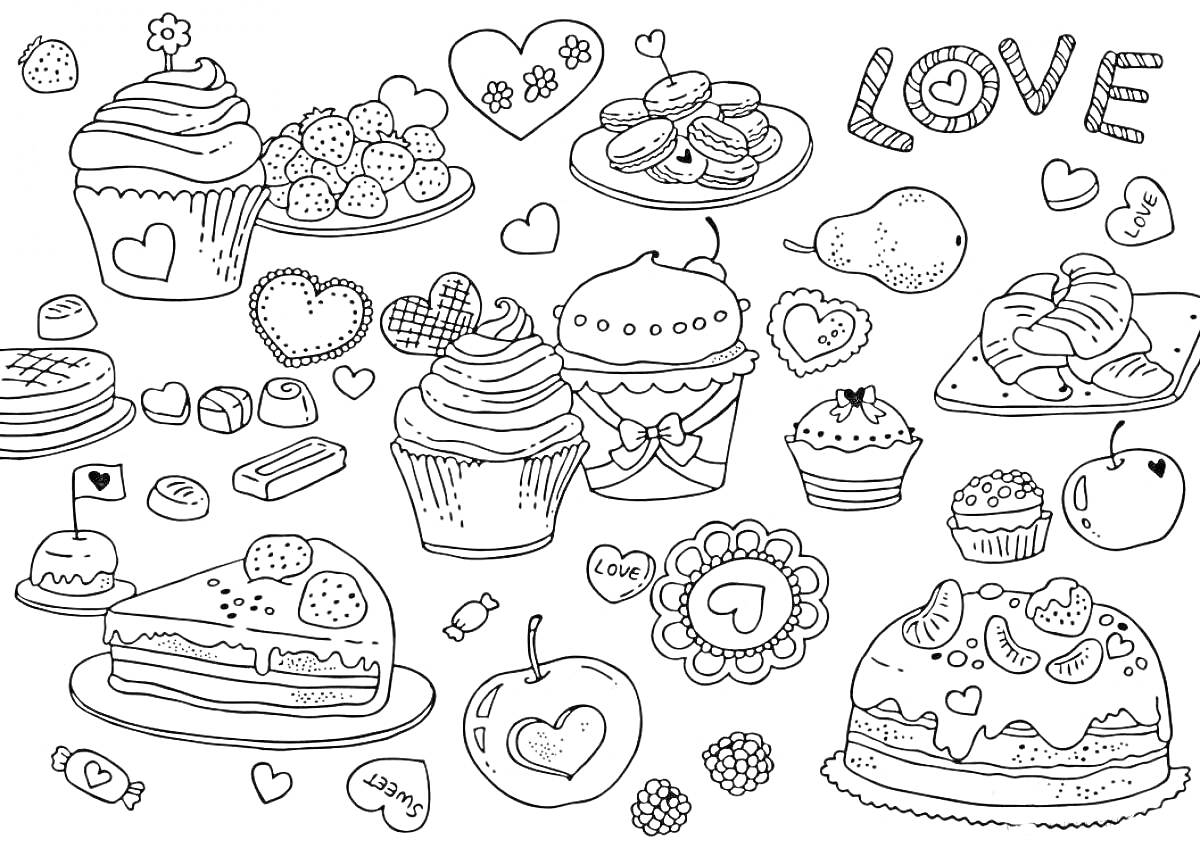 Раскраска Цветная раскраска с изображением пирожных, кексов, пирогов, макаронс, конфет, сердца и слова LOVE.