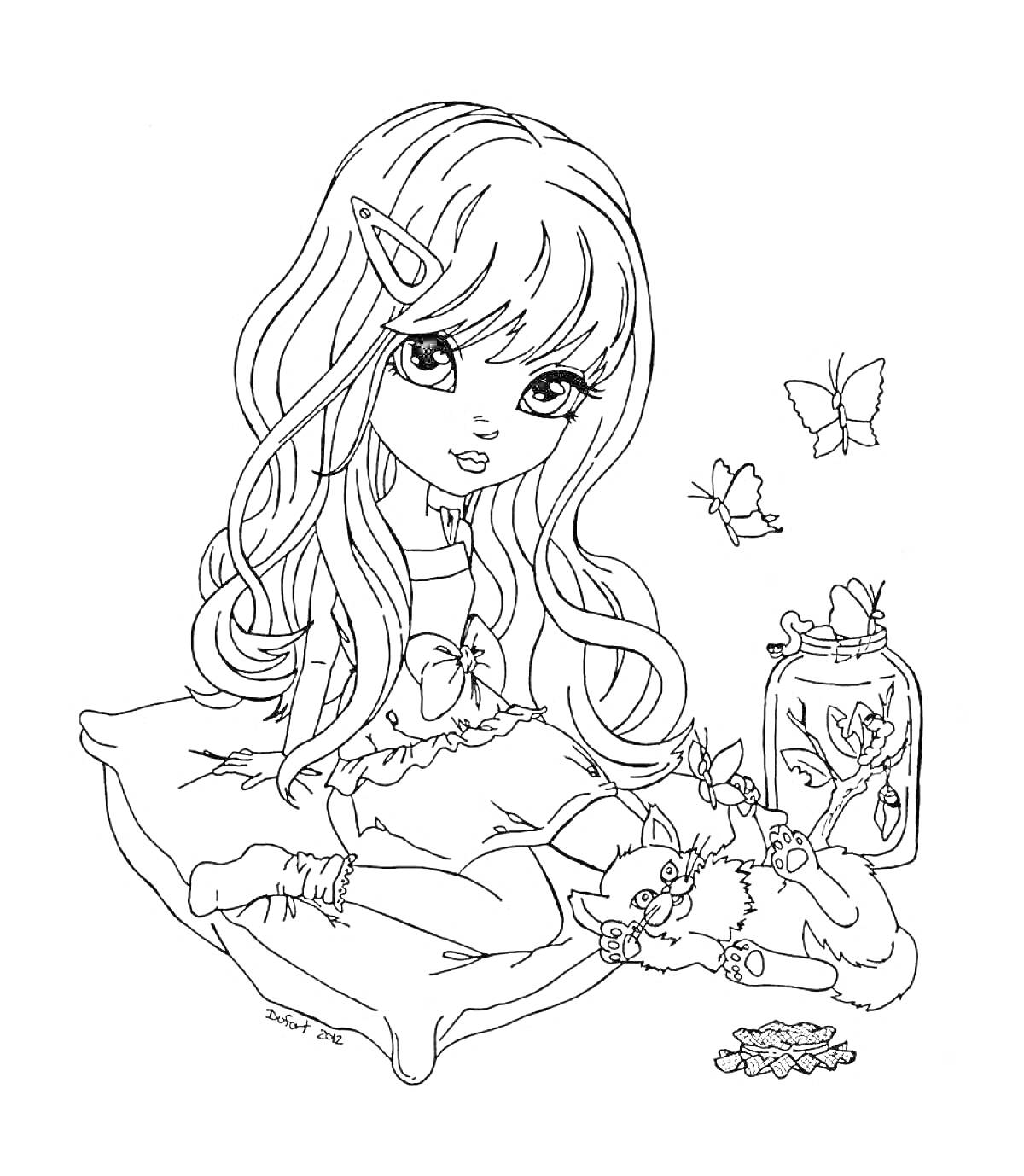 Раскраска Девочка с длинными волосами, сидящая на земле с цветами и кошкой, рядом с банкой с бабочками и двумя летающими бабочками
