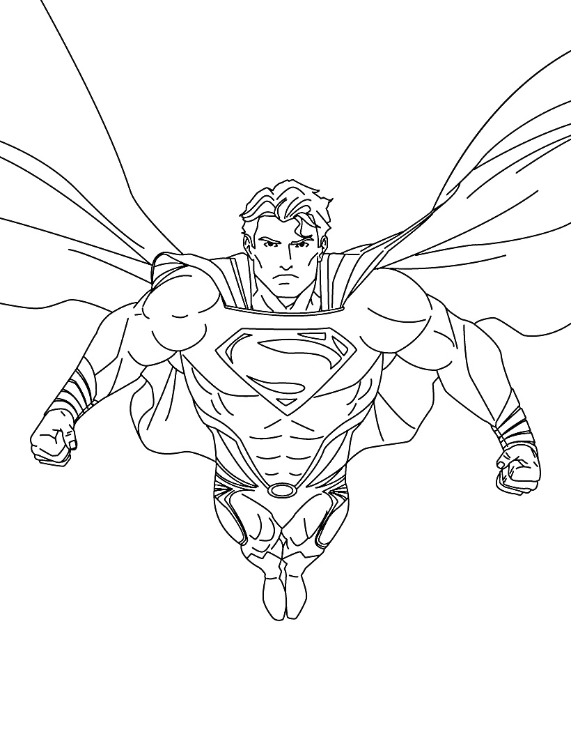 Раскраска Летящий Супермен в плаще