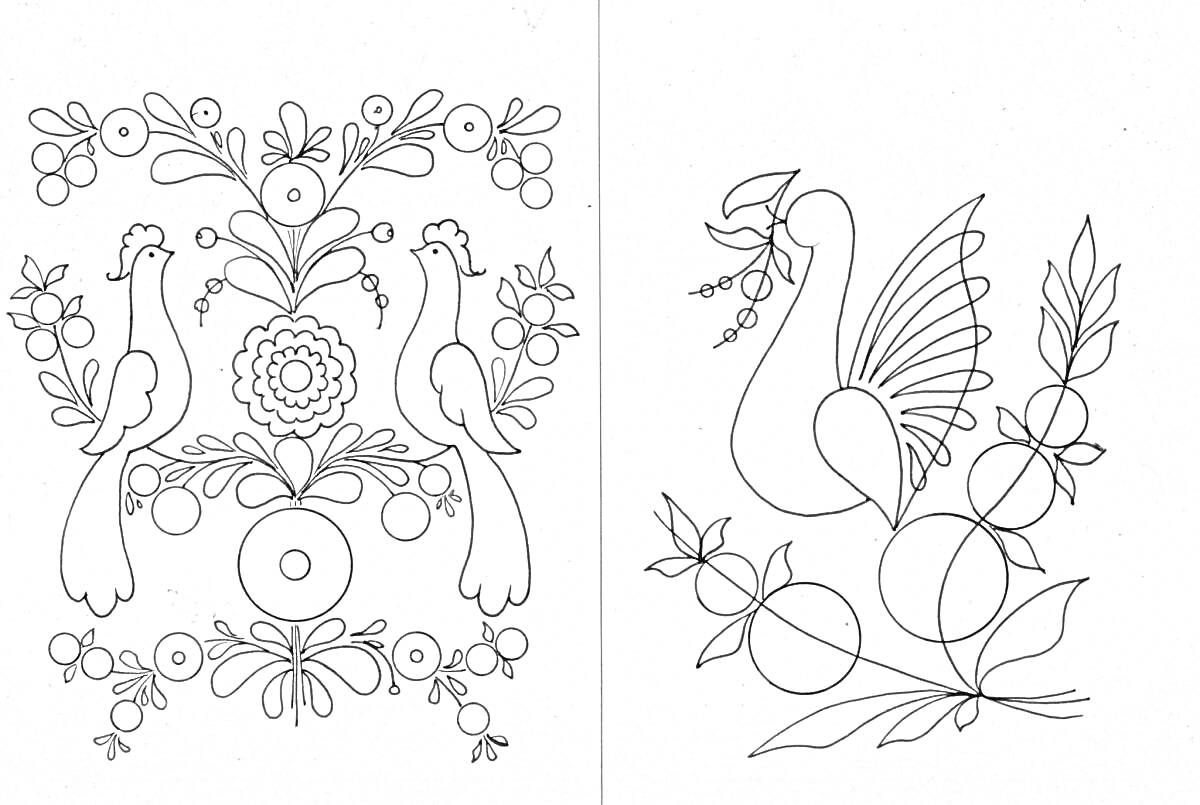 Раскраска Птицы и цветы в городецкой росписи