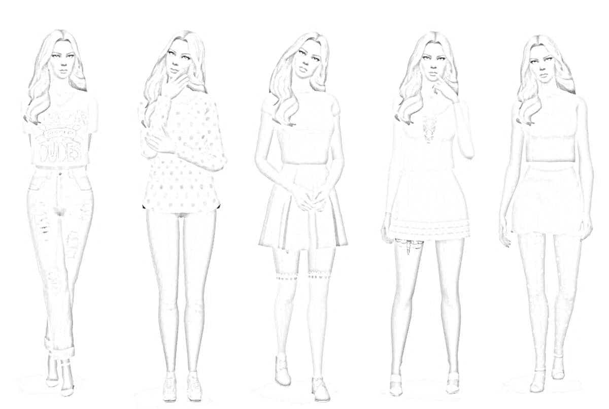 Раскраска Пять девушек в различных нарядах из Симс 4