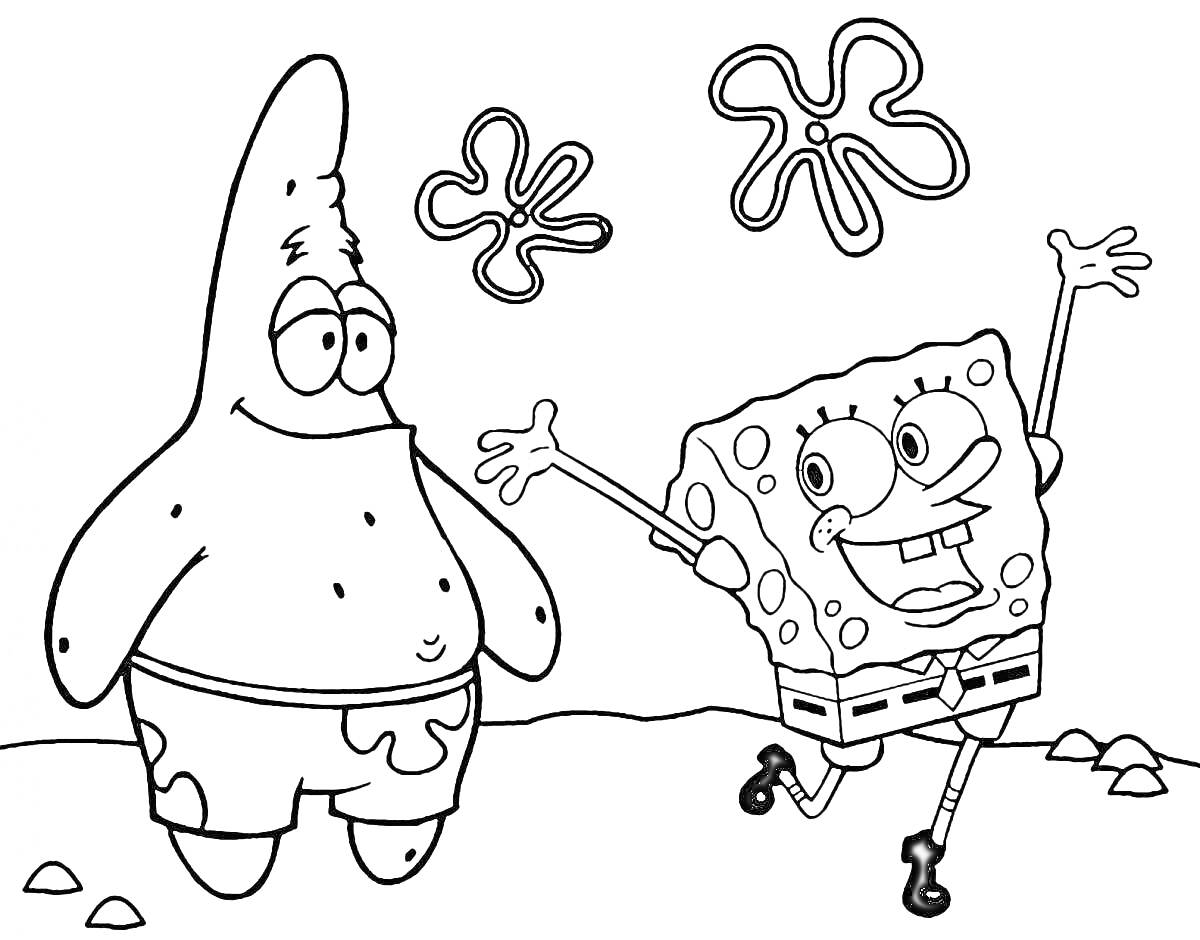 Раскраска Патрик и Спанч Боб улыбаются, две цветочные губки, камни