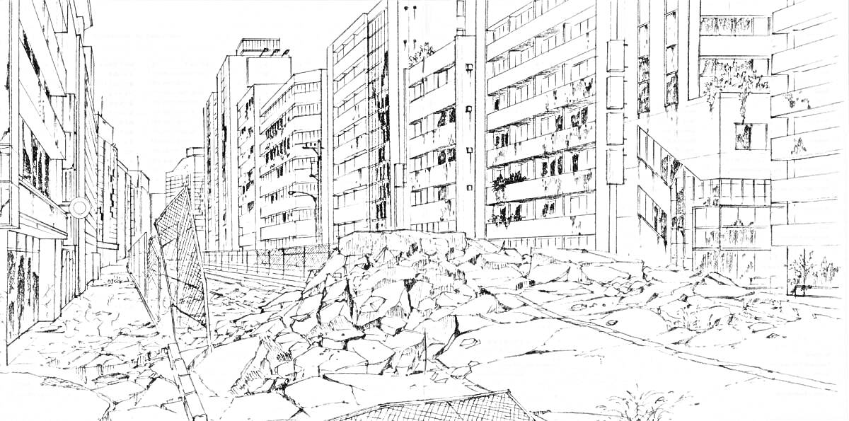 Раскраска Разрушенные дома, уничтоженные многоэтажные здания, завалы на улице, остатки построек, сломанные стены