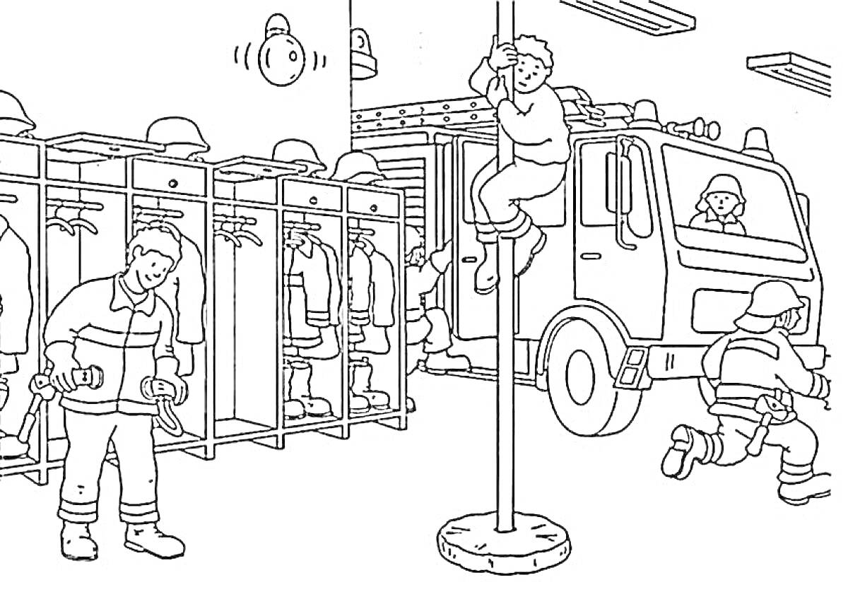 На раскраске изображено: Пожарная станция, Пожарные, Пожарная машина, Пожарное оборудование, Спасатели, Шланги, Экипировка, Тревога