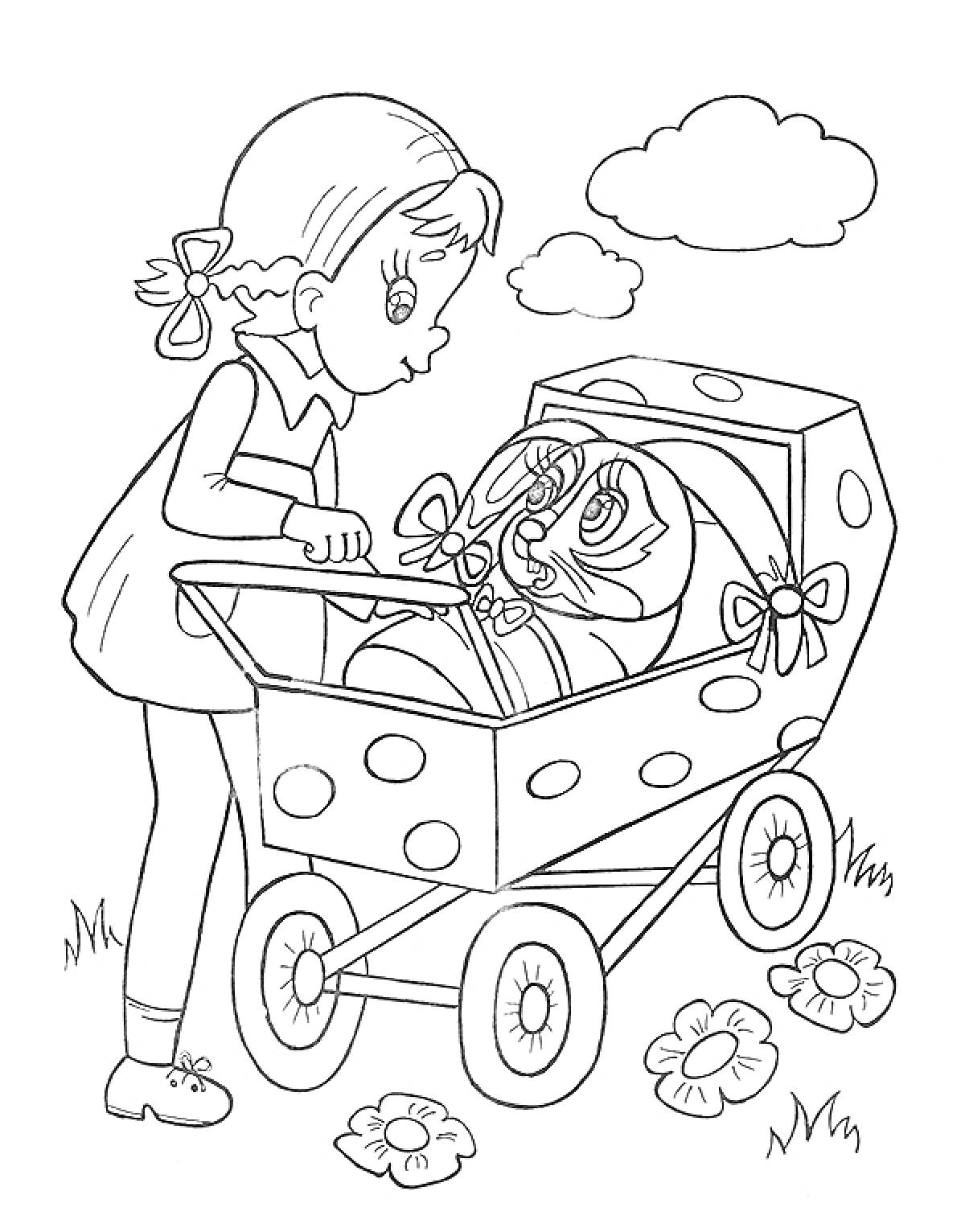Раскраска Девочка с бантиками в волосах толкает коляску с котенком, вокруг цветы и облака
