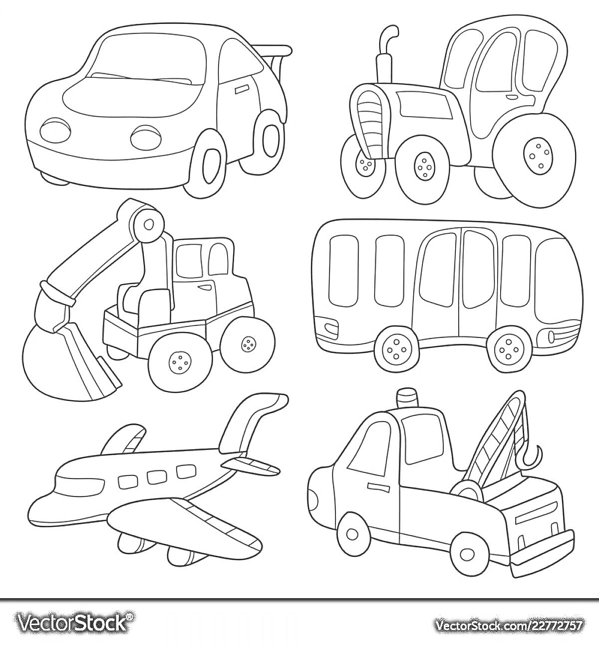 На раскраске изображено: Трактор, Экскаватор, Автобус, Эвакуатор, Транспорт, 4 года, 5 лет, Для детей, Самолеты, Авто