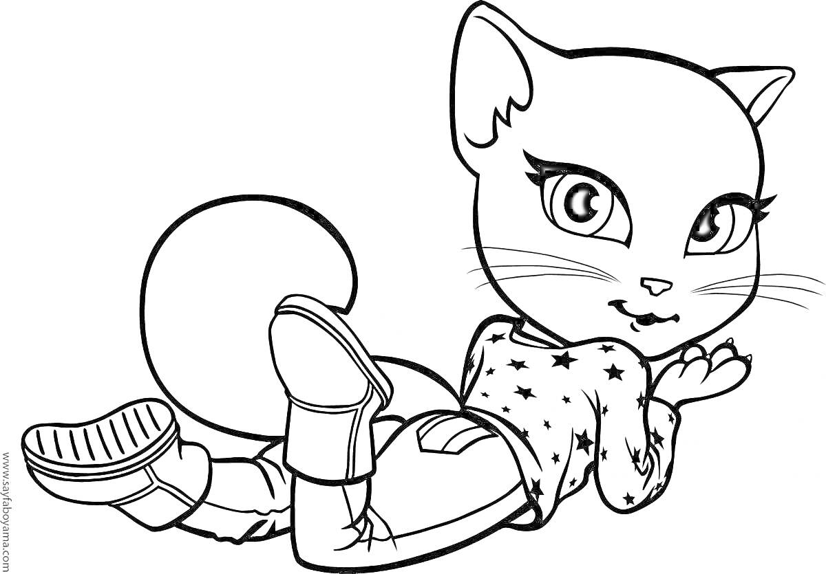 Раскраска Кошка в свитере, лежащая на животе с высоко приподнятыми ногами, в звёздном свитере и ботинках