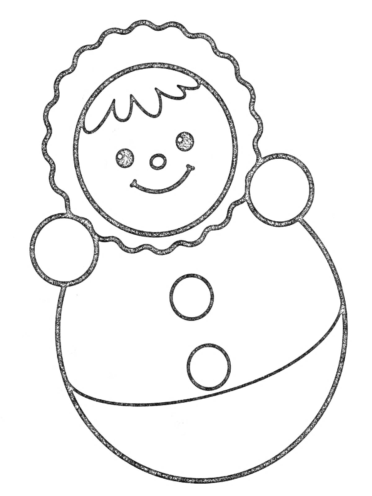 Раскраска Неваляшка с улыбающимся лицом, плавником шапочкой, двумя кнопками на теле и округлым основанием.