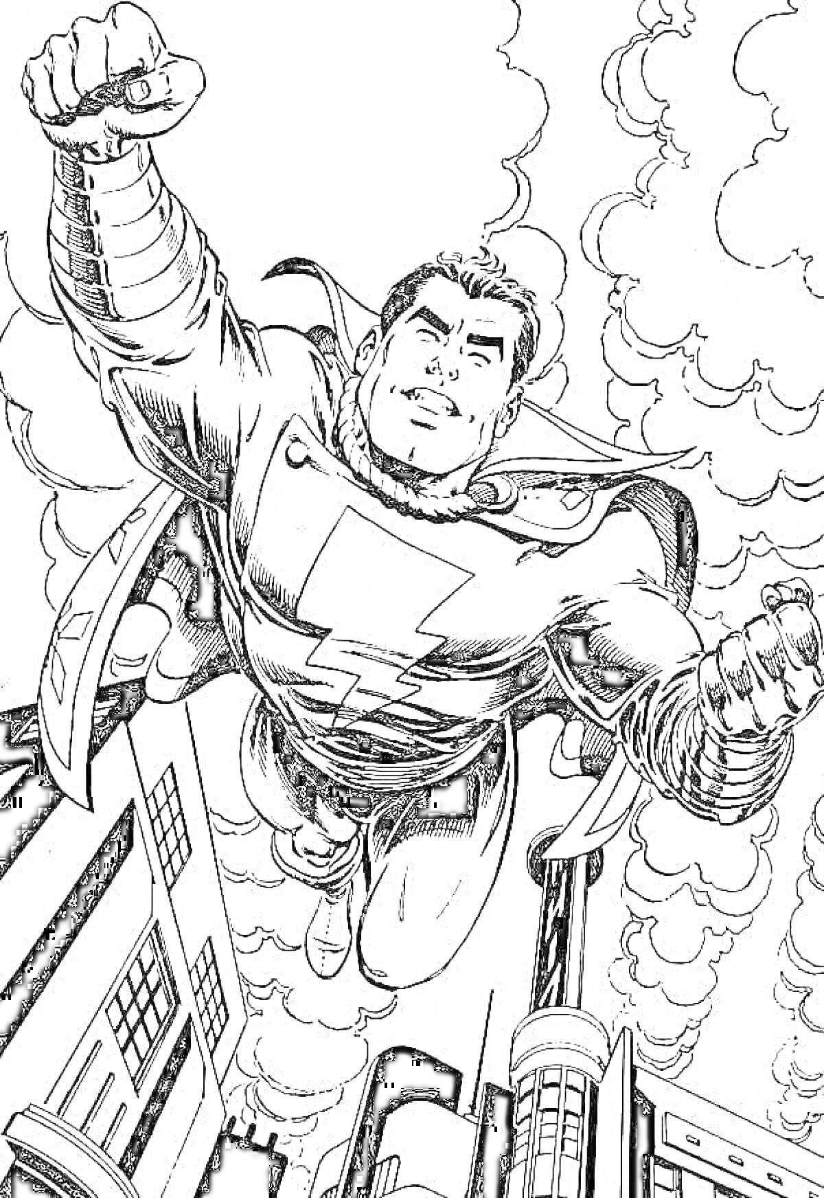 Раскраска Супергерой в костюме с молнией летит над городом с облаками дыма
