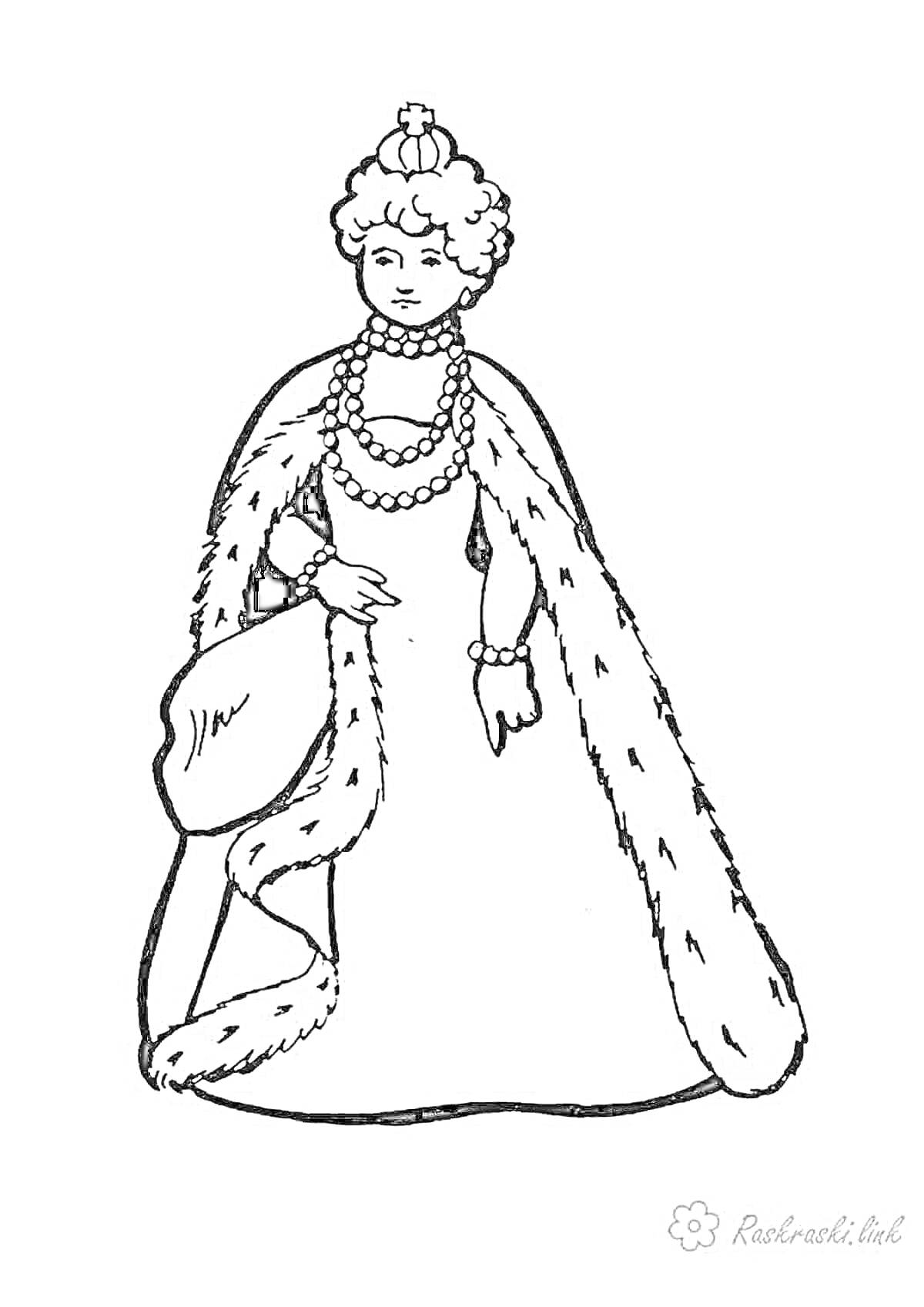 Раскраска Царица в короне с меховой накидкой и украшениями на шее