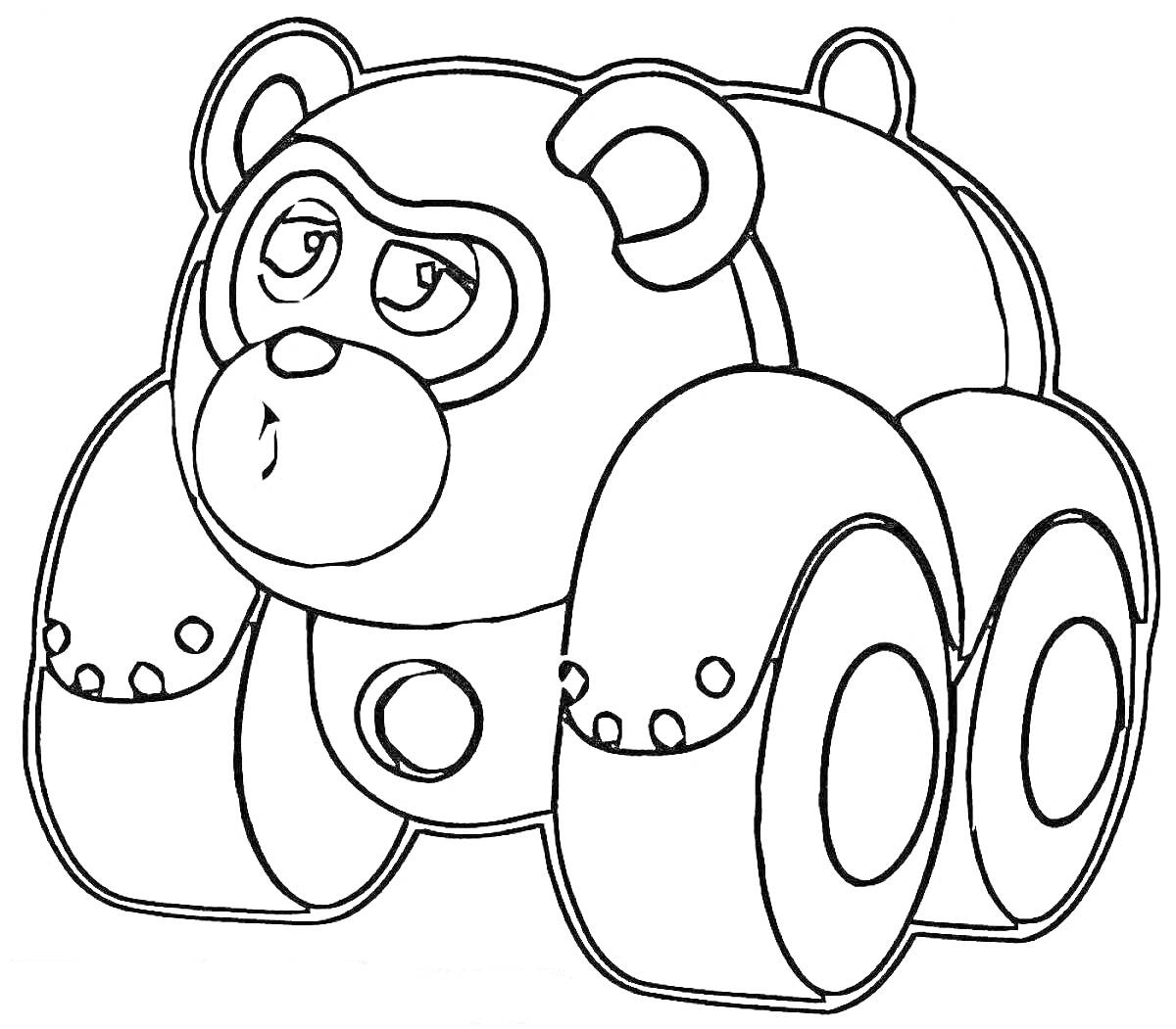 На раскраске изображено: Медведь, Врумиз, Транспорт, Четыре колеса, Из мультфильмов, Машины