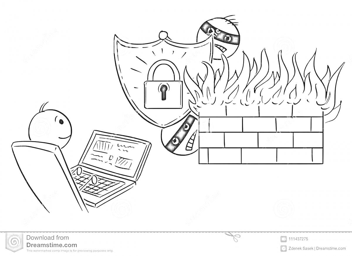 Раскраска Человек за компьютером, защищённым щитом с замком и фаерволом от хакеров