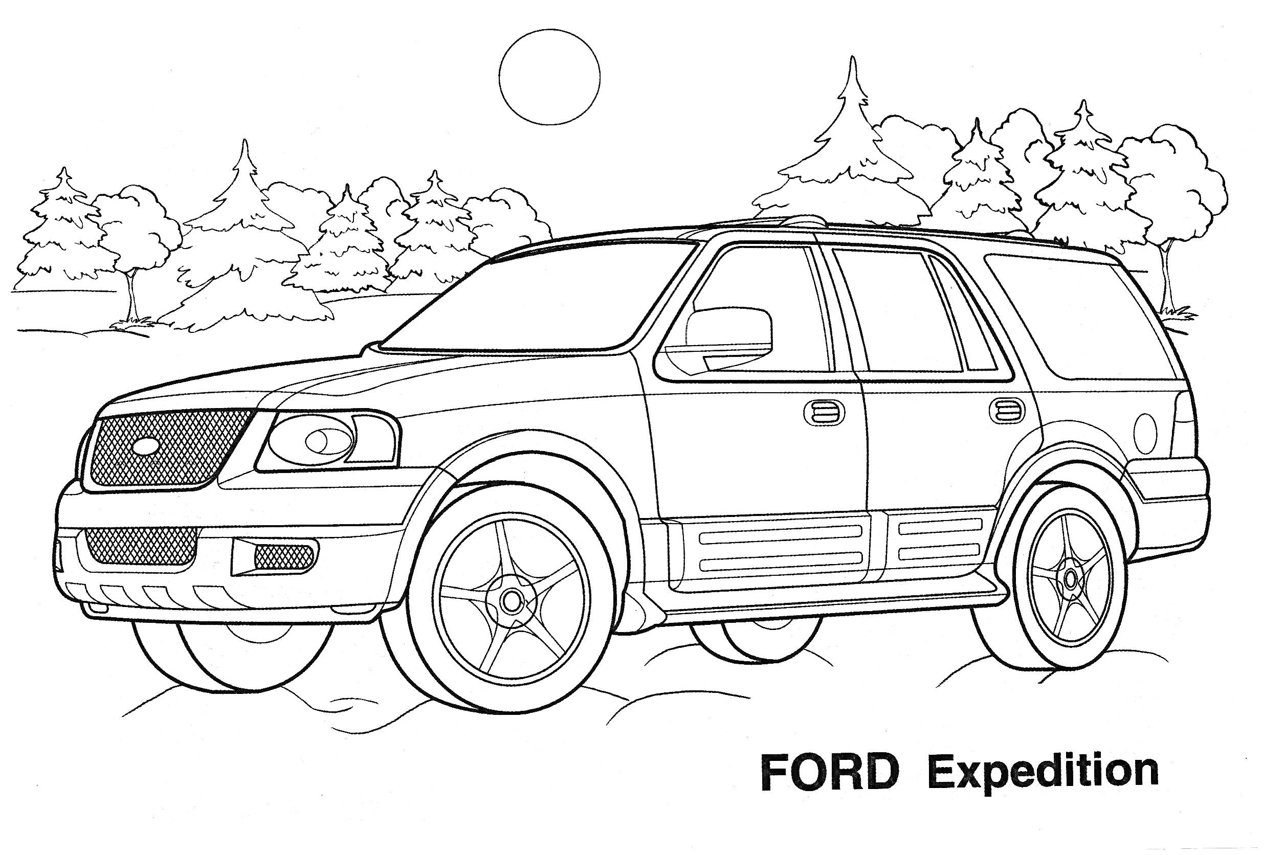 Раскраска Грузовик Ford Expedition на фоне леса и солнца