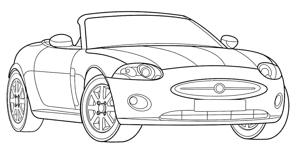 Раскраска Машина Ягуар кабриолет, передняя часть автомобиля, фары, колеса, решетка радиатора, лобовое стекло