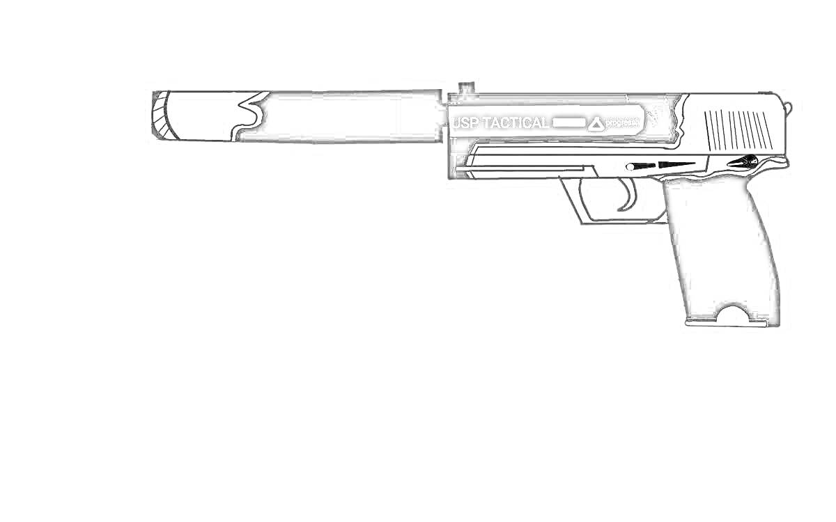 На раскраске изображено: Пистолет, Глушитель, Оружие, ЮСП