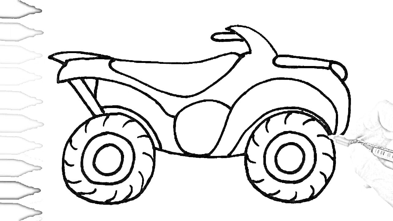 На раскраске изображено: Квадроцикл, Транспорт, Черно-белая графика, Колёса