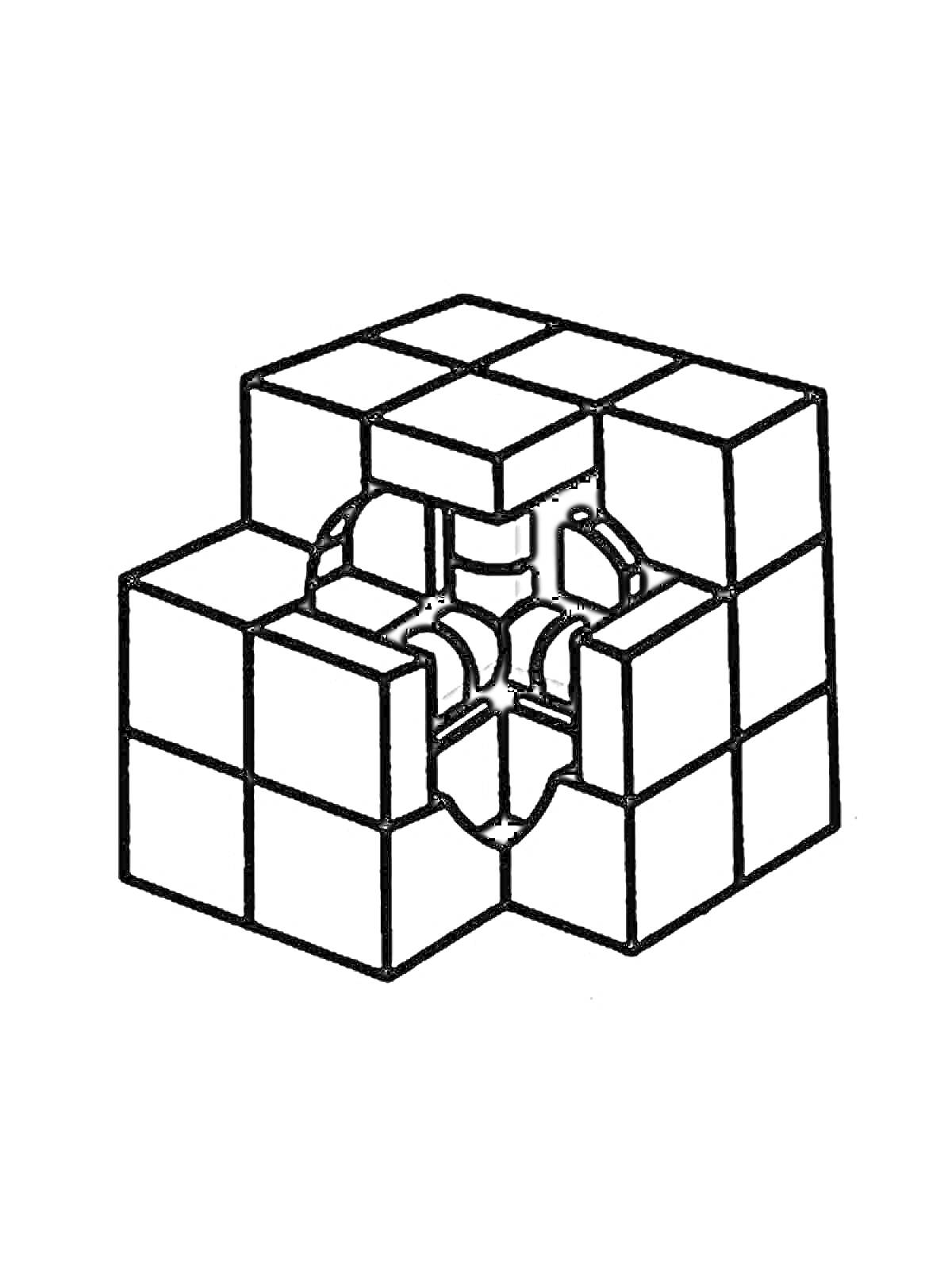 Раскраска Кубик Рубика с раскрытыми элементами внутренней конструкции