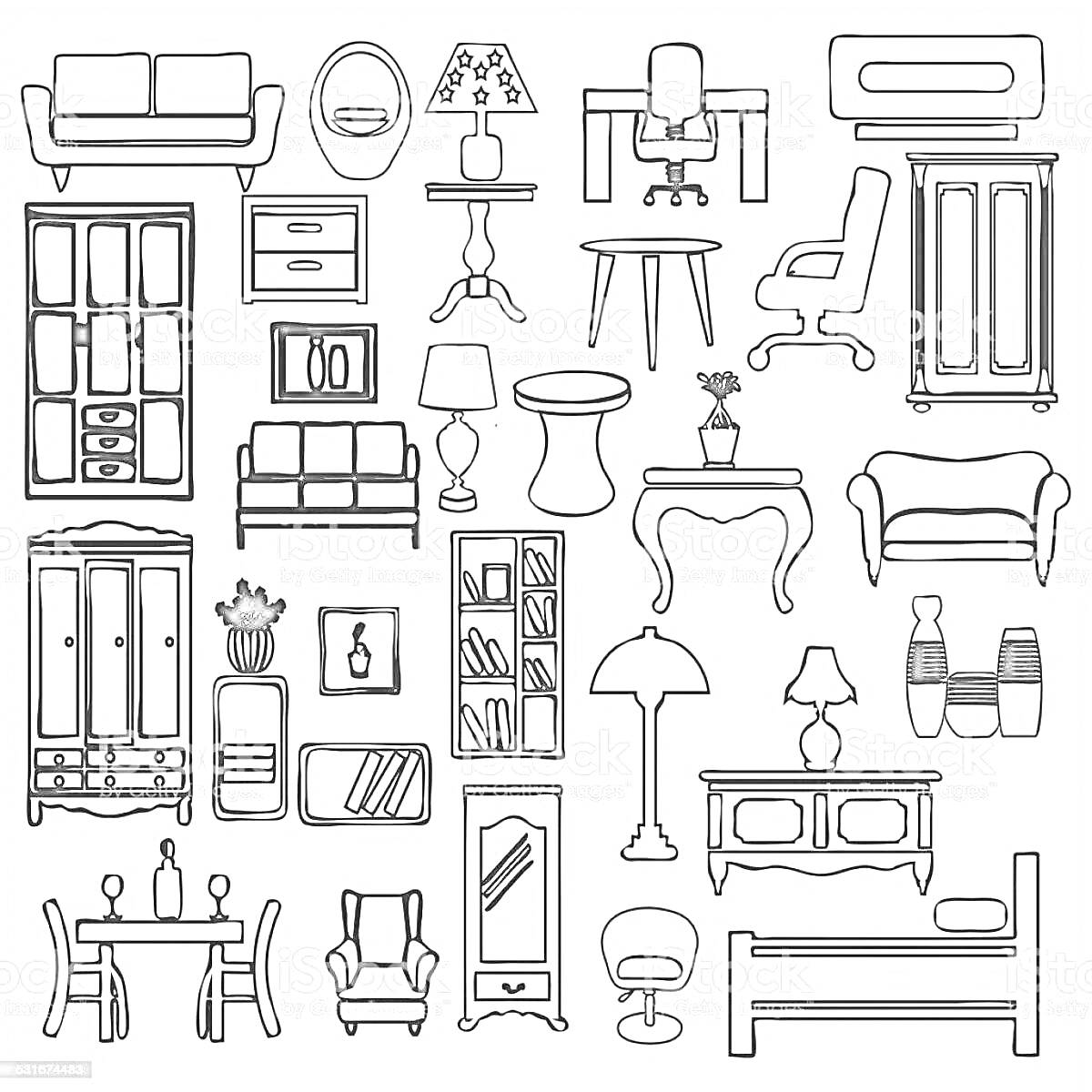 Раскраска Набор предметов интерьера (диваны, кресла, столы, лампы и другие элементы мебели)