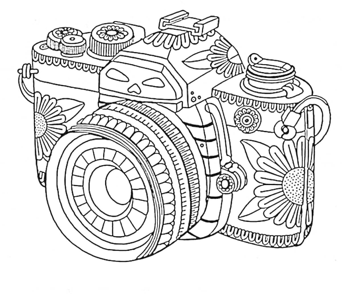 На раскраске изображено: Камера, Фотоаппарат, Цветы, Линзы, 3D, Узоры
