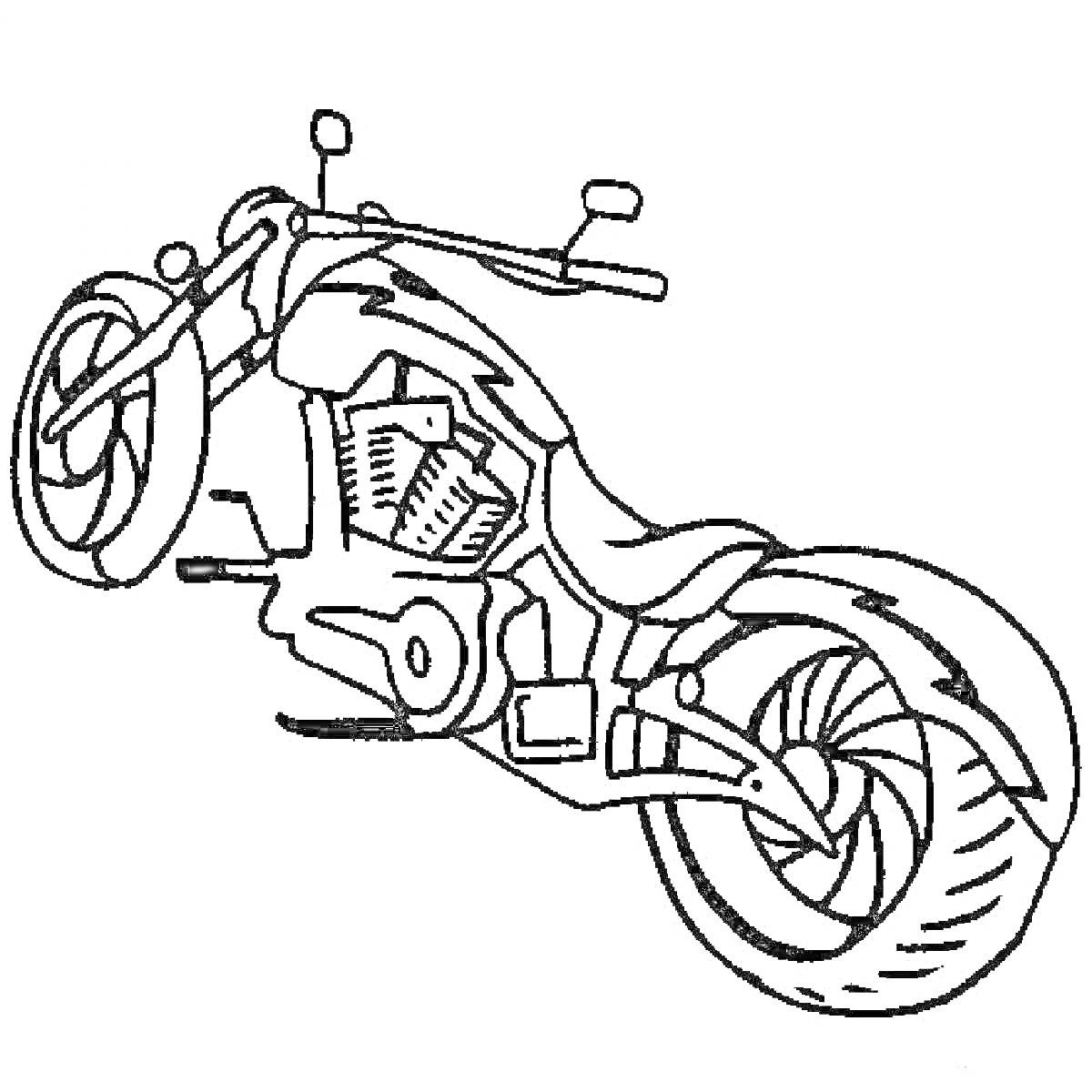 На раскраске изображено: Мотоцикл, Транспорт, Мотор, Зеркала заднего вида