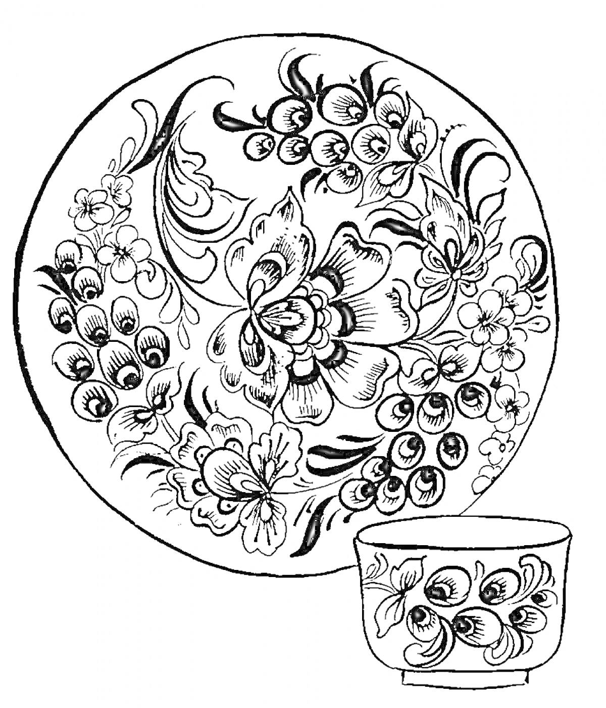 Тарелка и чашка с узорами в стиле хохломы, изображены цветы, ягоды и листва