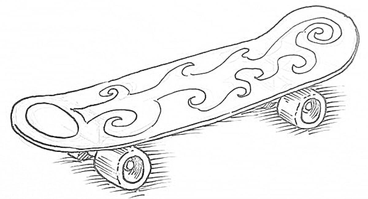 Раскраска Скейтборд с узором бесконечности и завитками, четыре колеса