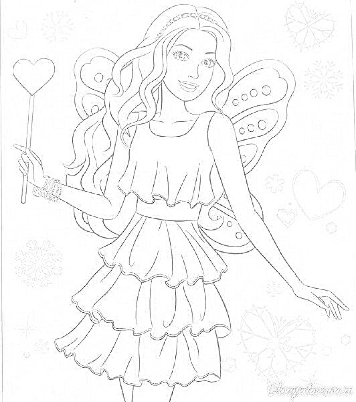 Раскраска Беременная Барби-фея с волшебной палочкой, крыльями, в платье и сердечками и снежинками на заднем фоне