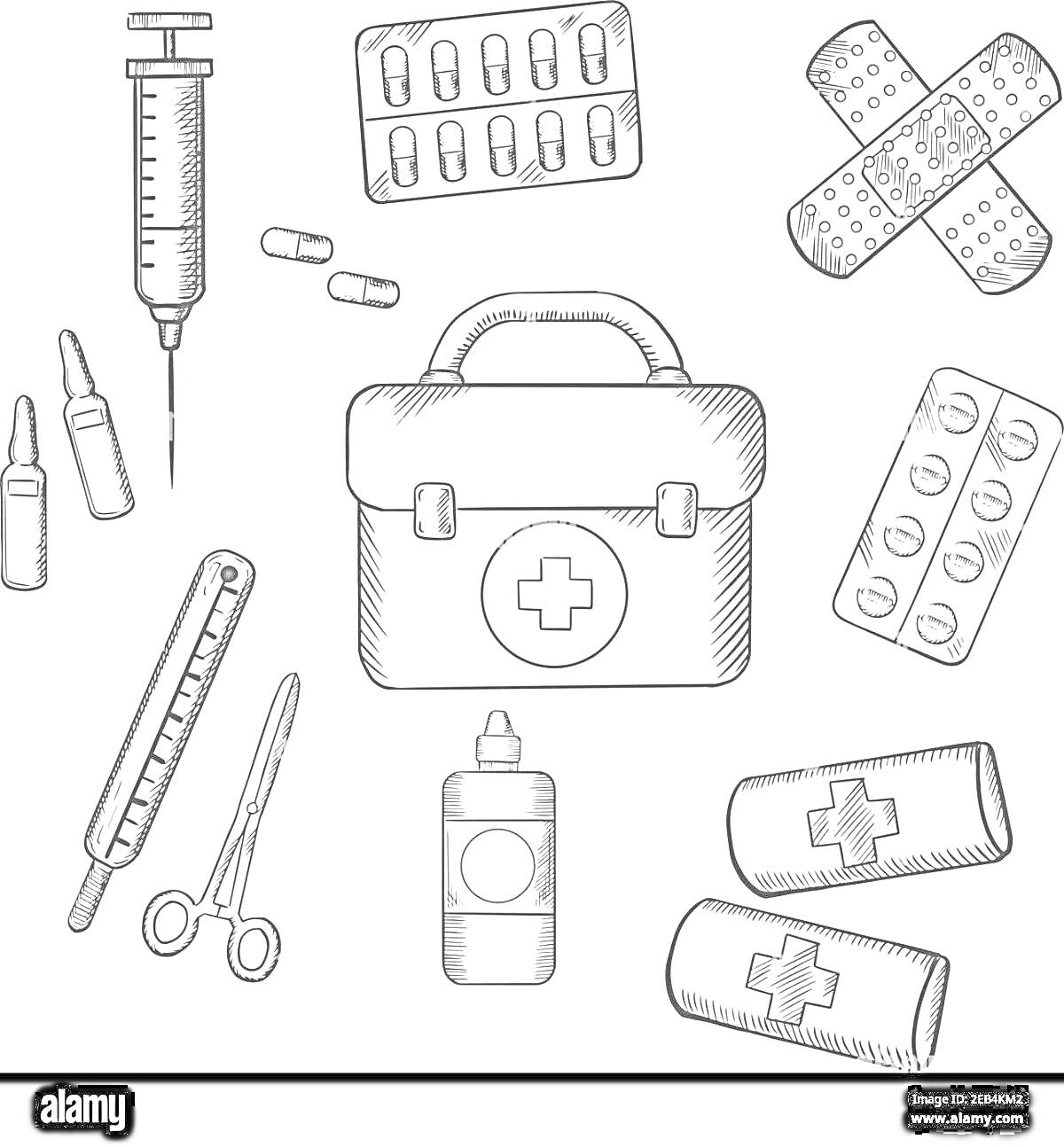 Раскраска Аптечка - шприц, таблетки в блистере, пластыри, ампулы, термометр, ножницы, бутылка с жидкостью, бинты