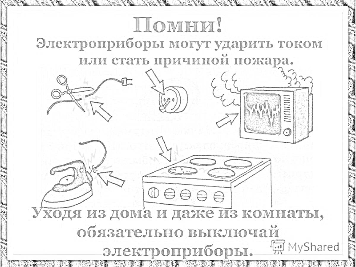 Раскраска опасности использования электроприборов: поврежденный провод, включенная вилка, горящий телевизор, раскаленный утюг и плита