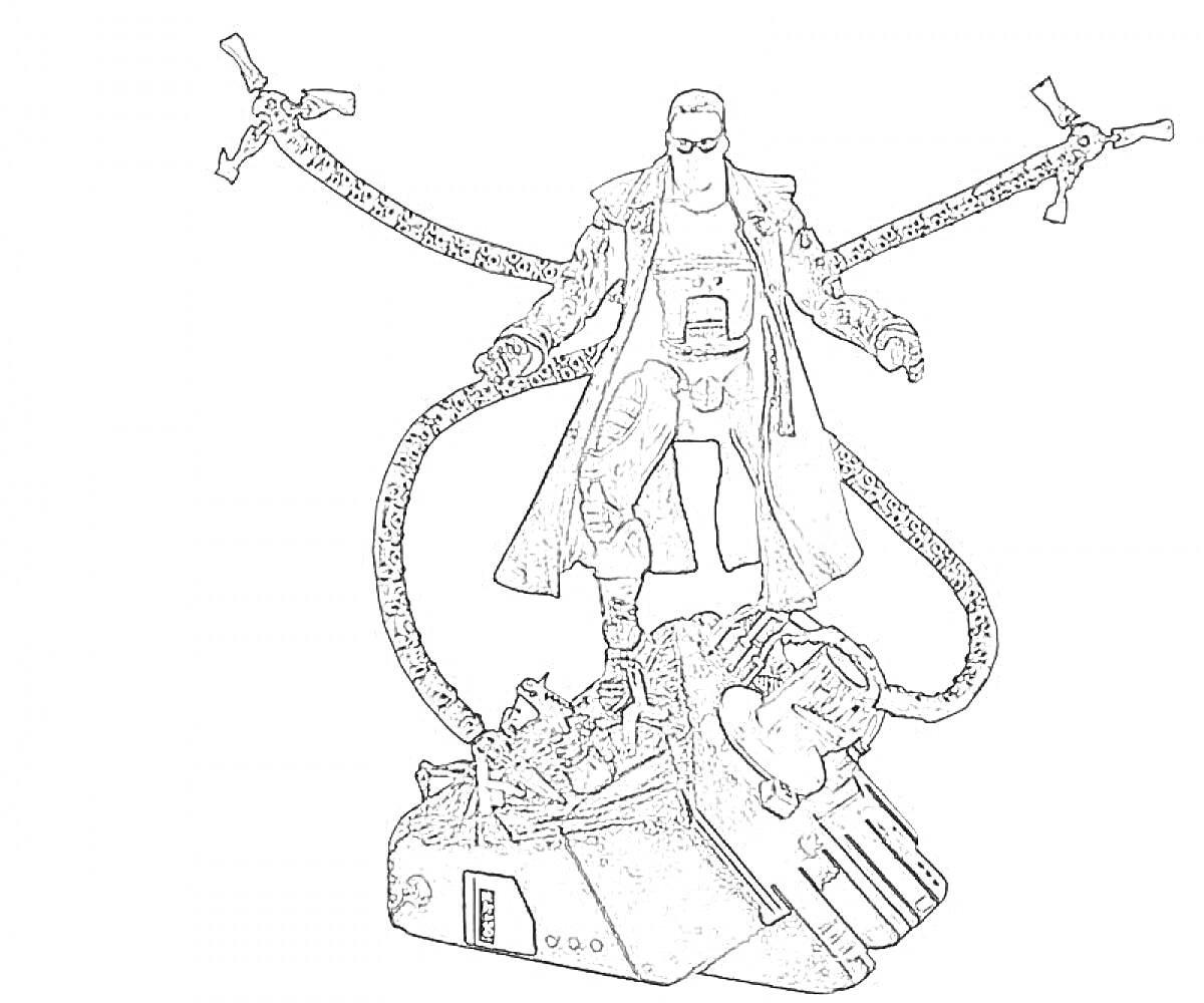 На раскраске изображено: Доктор осьминог, Щупальца, Механика, Суперзлодей, Плащ, Очки, Пьедестал, Наука, Робототехника