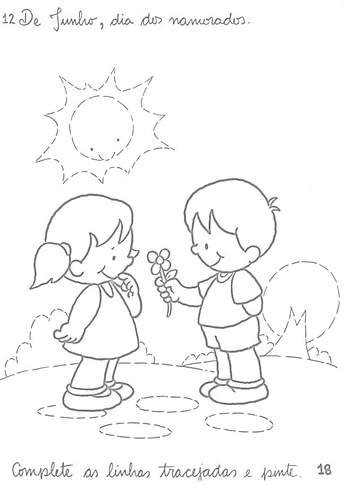 Раскраска Пара детей в праздник Дня влюбленных: мальчик дарит цветок девочке, солнечный день с улыбкой на солнце и деревья на заднем плане.