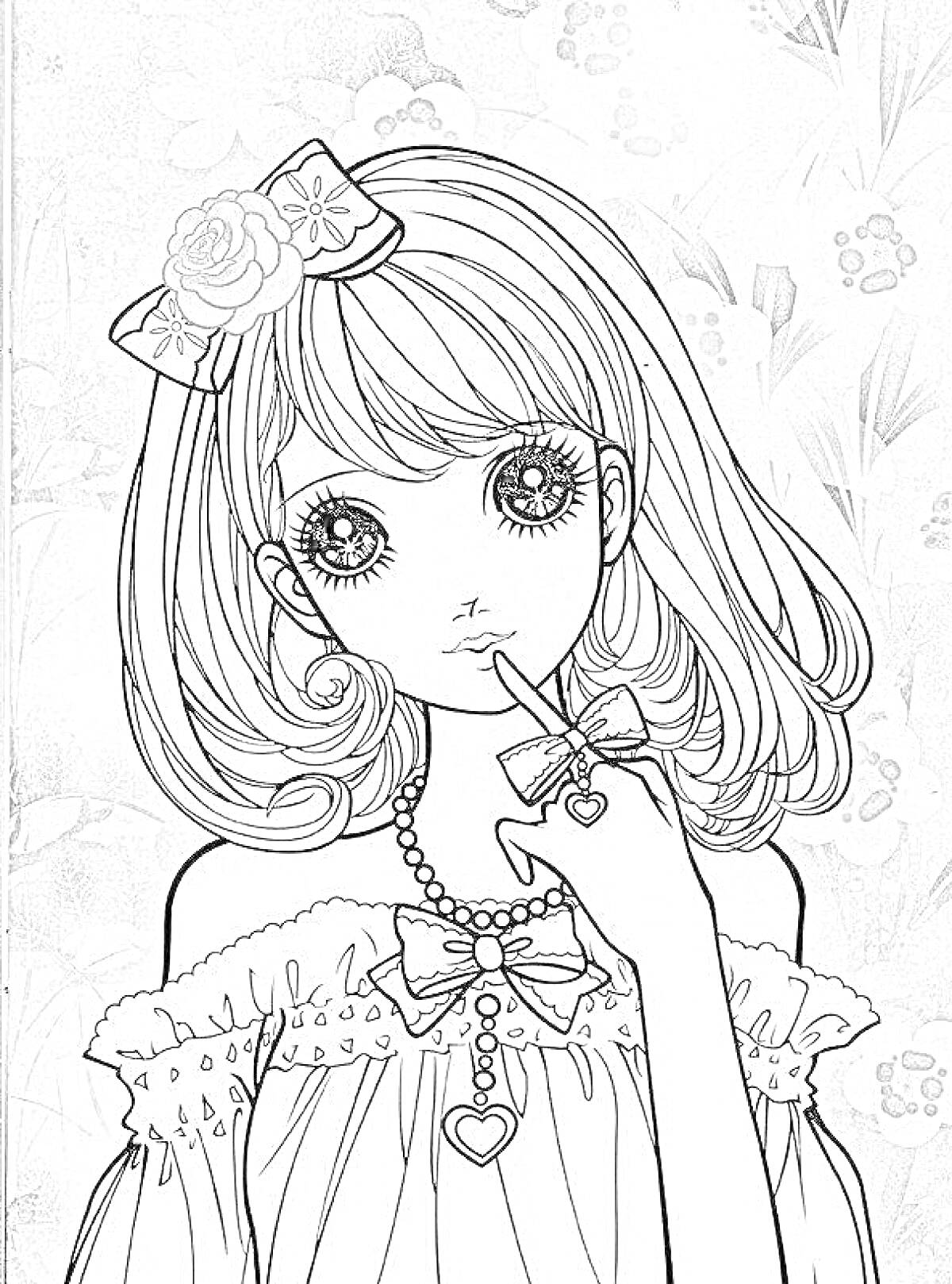 Раскраска Девушка с бантом в волосах и ожерельем