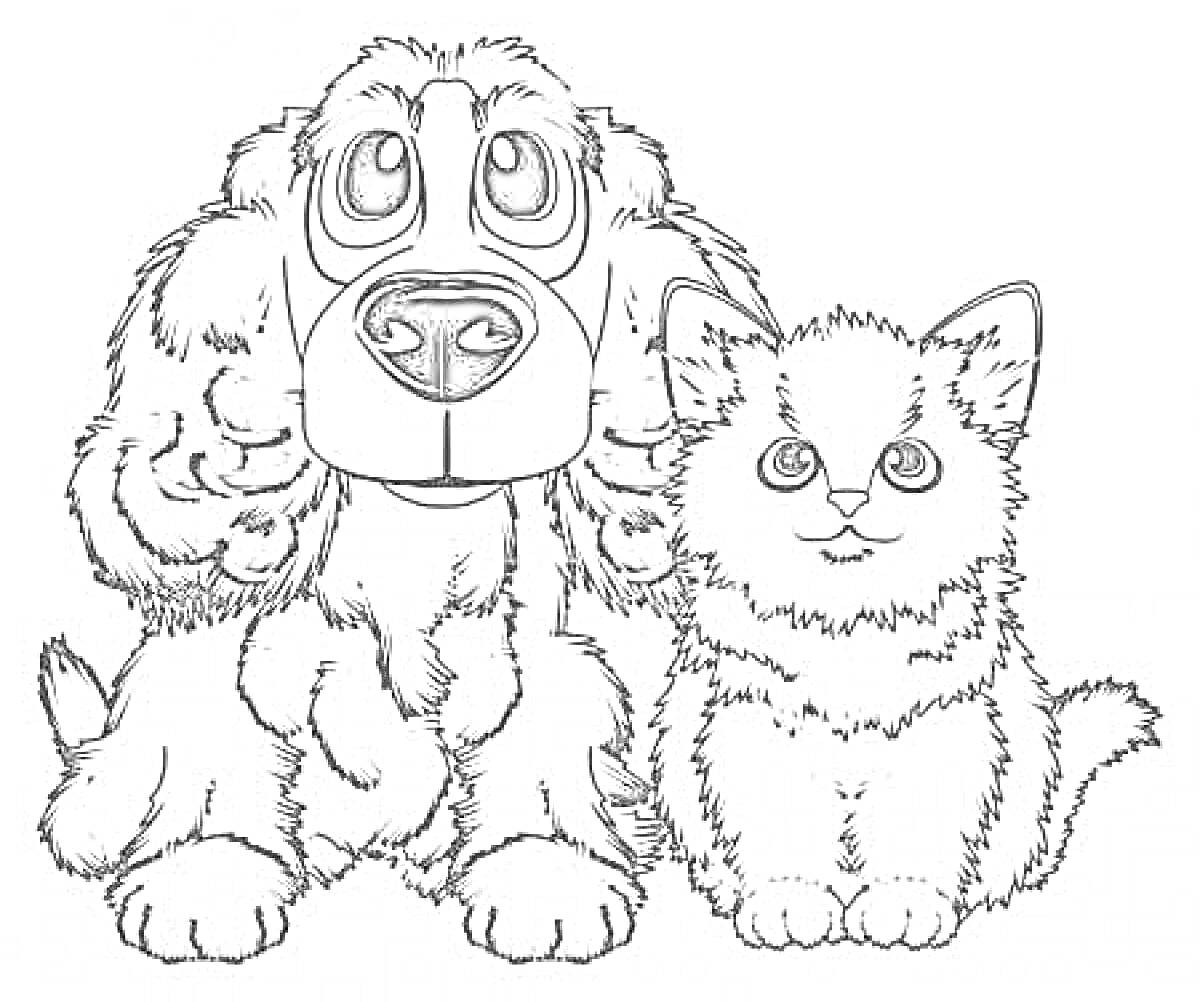 На раскраске изображено: Собака, Большие глаза, Животные, Питомец, Кот, Сидеть