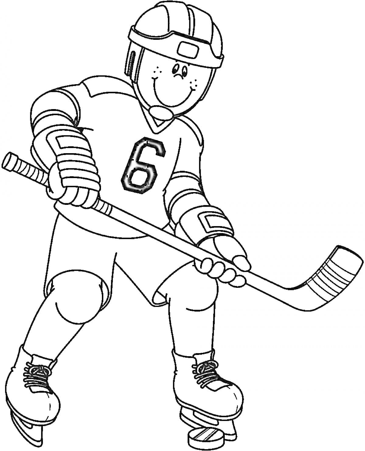 На раскраске изображено: Хоккеист, Хоккейная форма, Каска, Коньки, Клюшка, Спорт