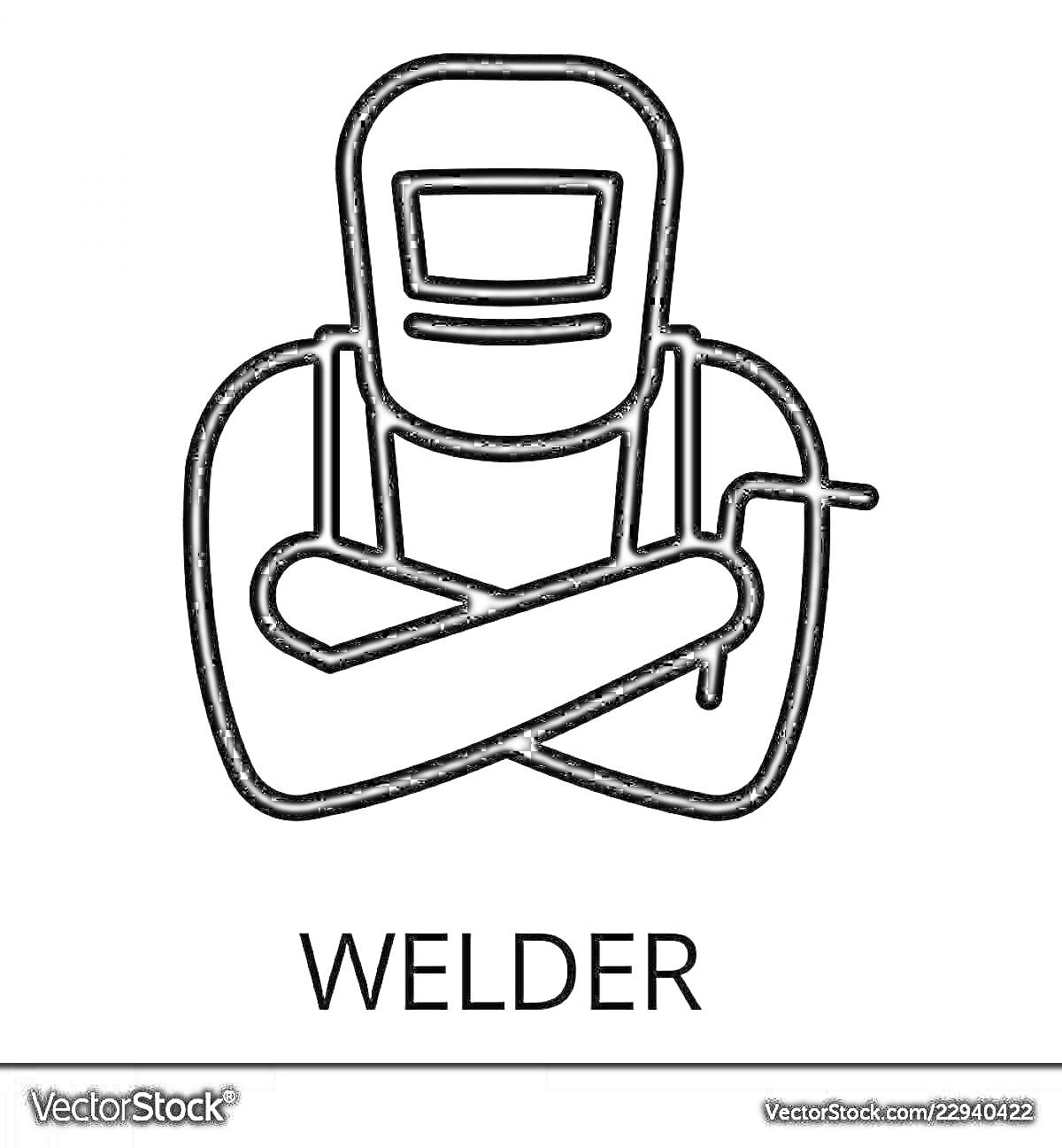 Раскраска Сварщик в маске с перекрещёнными руками и сварочным аппаратом