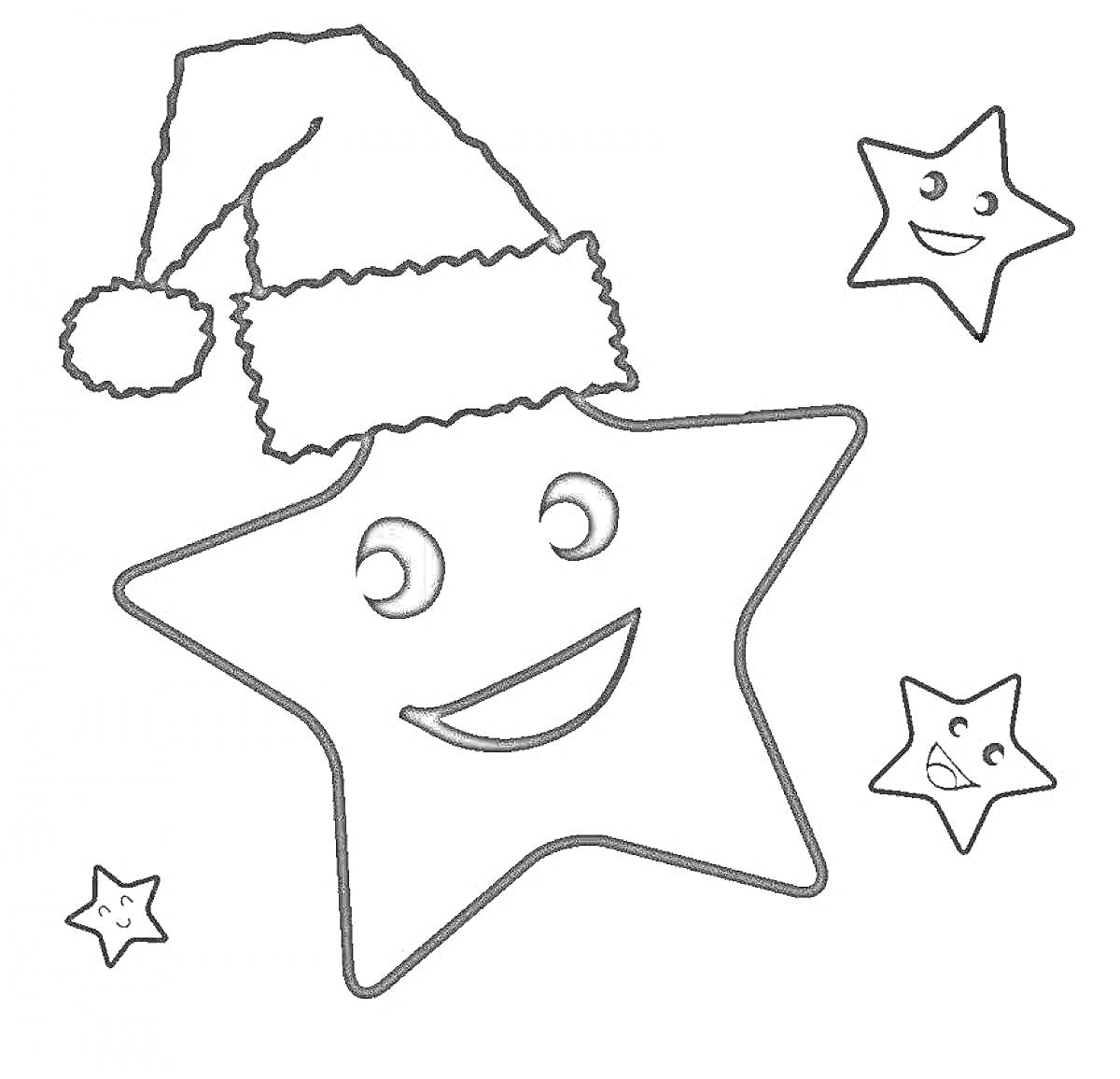 На раскраске изображено: Новогодняя шапка, Лицо, Новогодняя звезда, Звезды, Новый год, Рождество