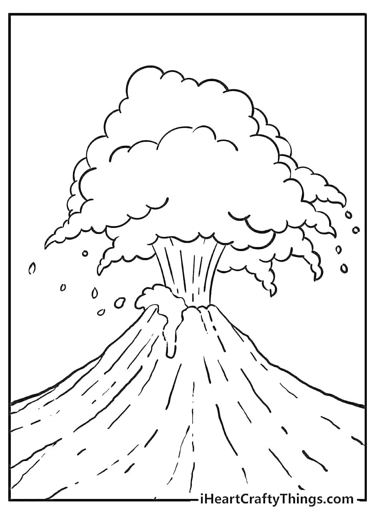 На раскраске изображено: Вулкан, Извержение, Пепел, Лава, Природа, Образование