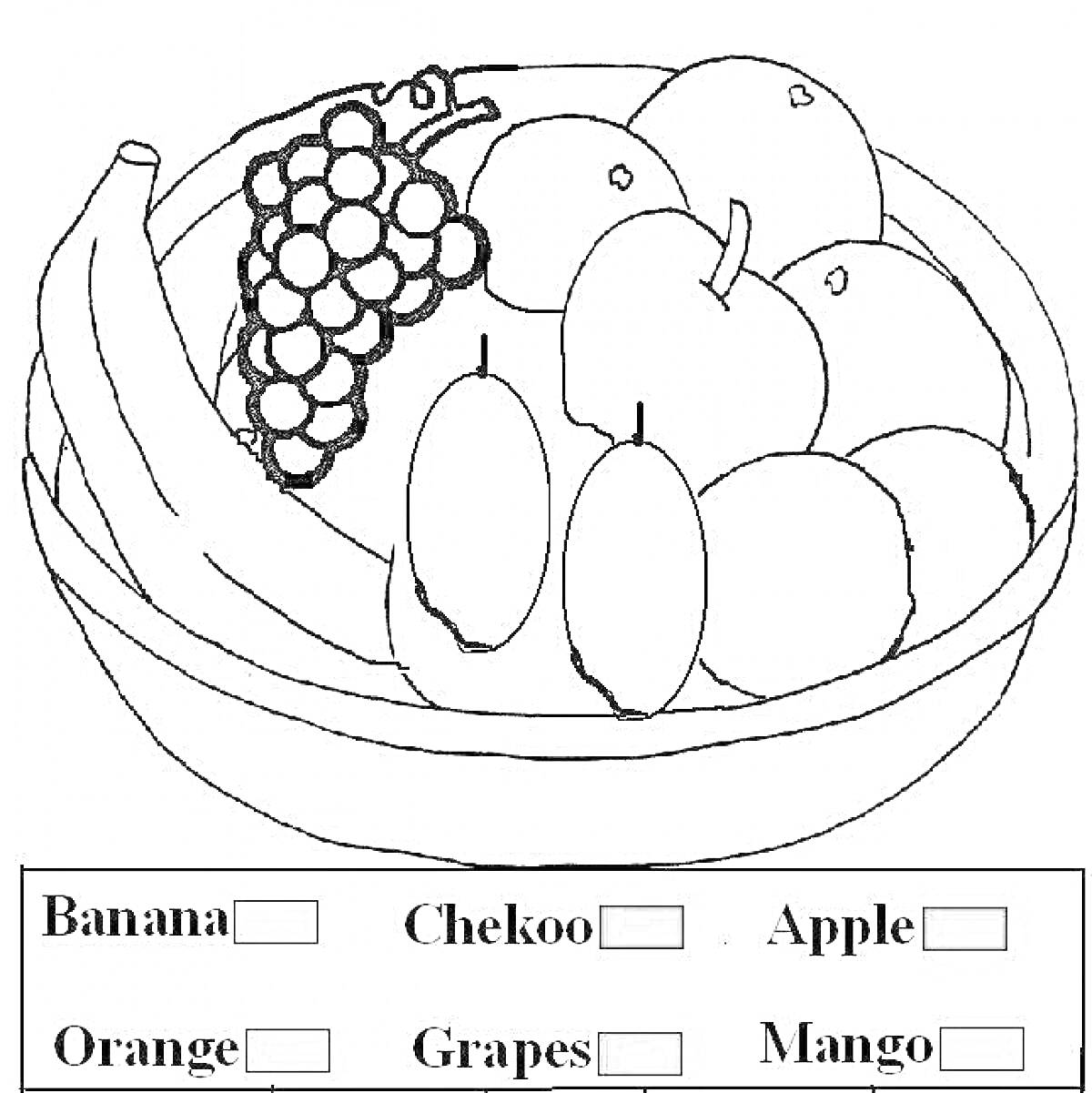 Раскраска Раскраска, фрукты в миске (банан, яблоко, апельсин, виноград, манго, саподилла)