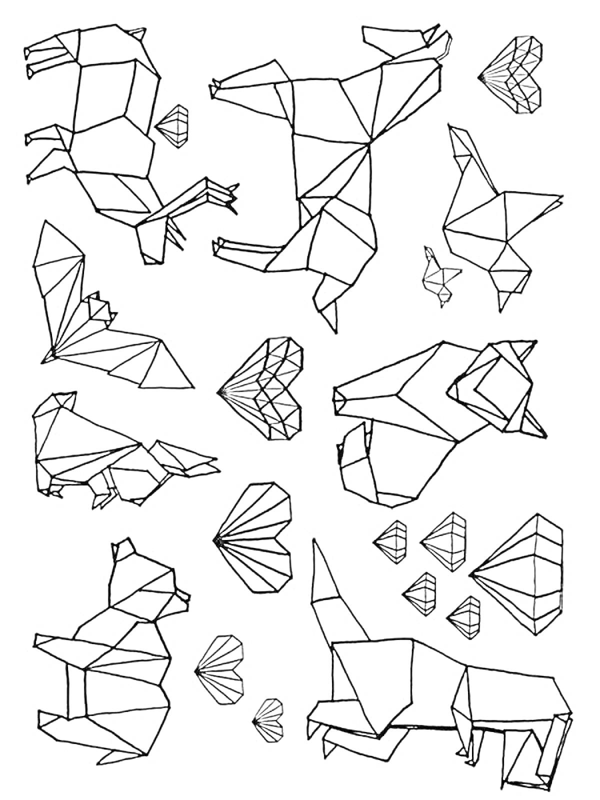 На раскраске изображено: Оригами, Медведь, Олень, Птица, Рыба, Лиса, Заяц, Алмаз, Геометрические фигуры